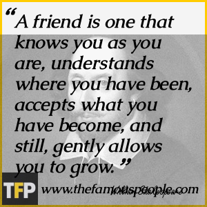 A friend is one that knows you as you are, understands where you have been, accepts what you have become, and still, gently allows you to grow. A friend is one that knows you as you are, understands where you have been, accepts what you have become, and still, gently allows you to grow.